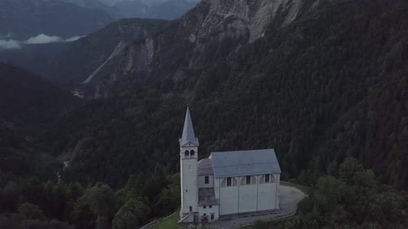 Aerial view of church in Italian Alps Dolomites South Tyrol region Italy mountains valley forest