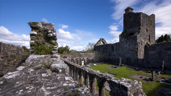 Motion time lapse of Creevelea Abbey medieval ruin in county Leitrim in Ireland as a historical sigh