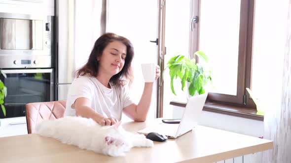 A Female Freelancer is Sitting in an Armchair at a Table with Plants Remotely Working on a Laptop in