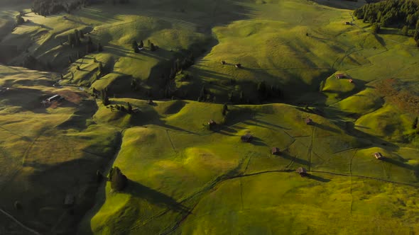 Aerial Unveil Alpe di Siusi in Dolomites Alps Italy