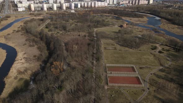 Spring In Loshitsa Park. Flying Over Sports Grounds In The Park.