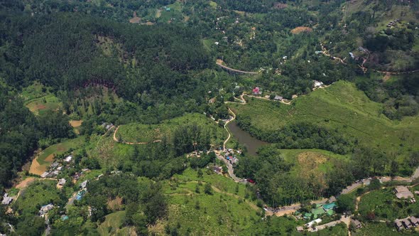 Aerial view of a small settlement near Nuwara Eliya, Sri Lanka.