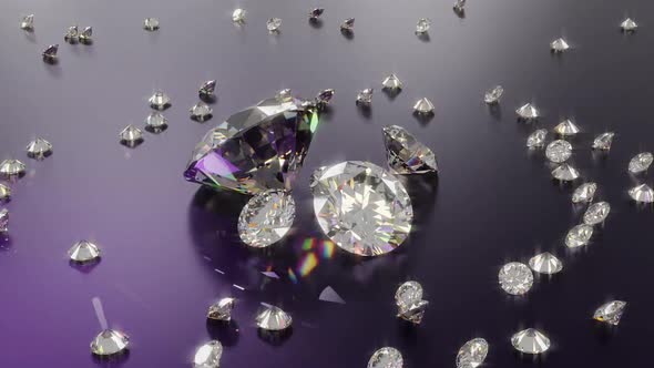 Big shiny diamonds surrounded by a lot of small diamonds, rotating motion over a purple reflecting s