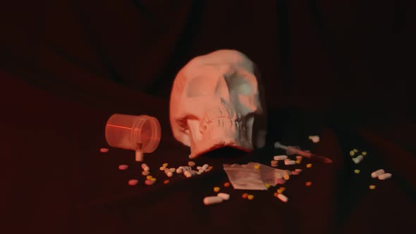 Money Pills Drugs and Skull Isolated on Dark Background