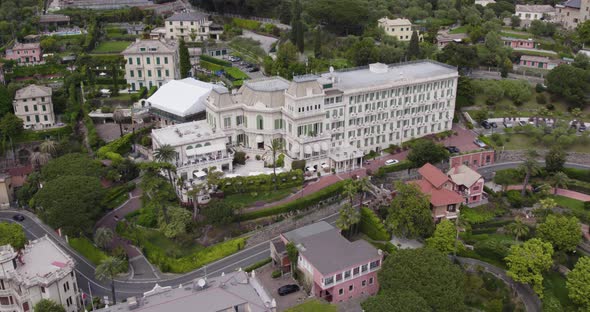 Aerial push-in of majestic 5-star Imperial Palace Hotel, Santa Margherita Ligure