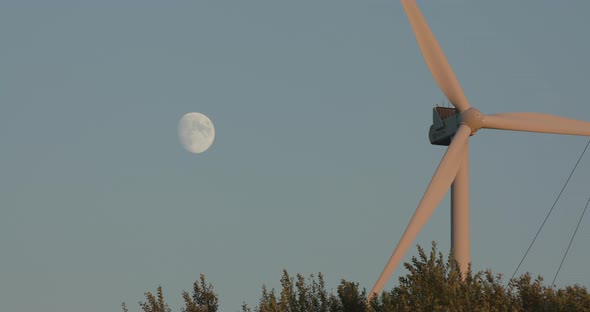 The Windmill Is Spinning Against the Moon in the Blue Sky