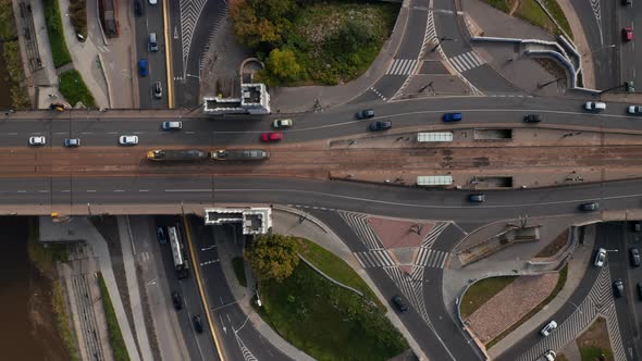 Aerial Birds Eye Overhead Top Down View of Traffic on Wide Road Bridge Over Vistula River