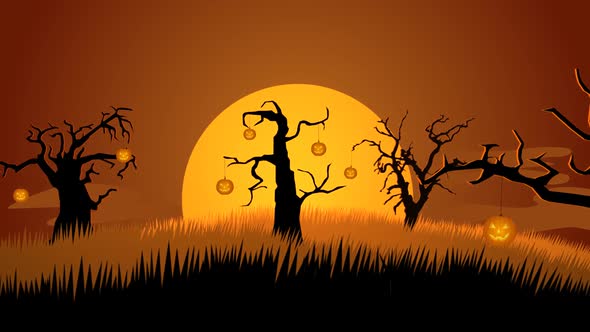 Haunted graveyard with dark silhouettes of trees full of creepy jack-o lanterns.