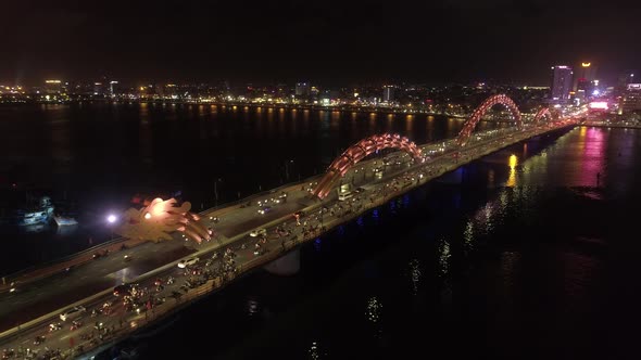 Aerial view of Dragon bridge in Da Nang at night