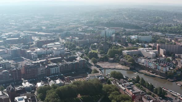 Dolly forward drone shot towards St Mary Redcliffe Church Bristol