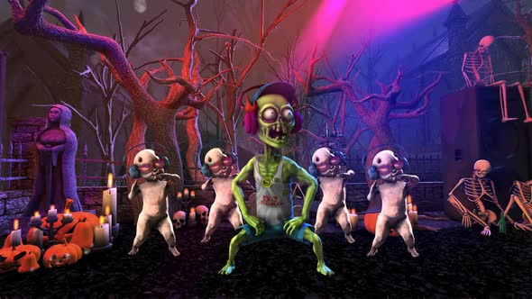 Zombie and horror dolls dancing in a graveyard