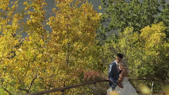 Wedding Couple Standing Together in the Park. Newlyweds. Lovely Groom and Bride