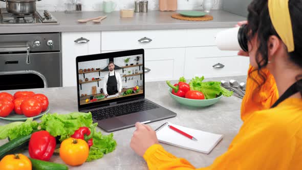 Chef Food Blogger in Laptop Screen Greets Tells Recipe Dish Teaches Housewife