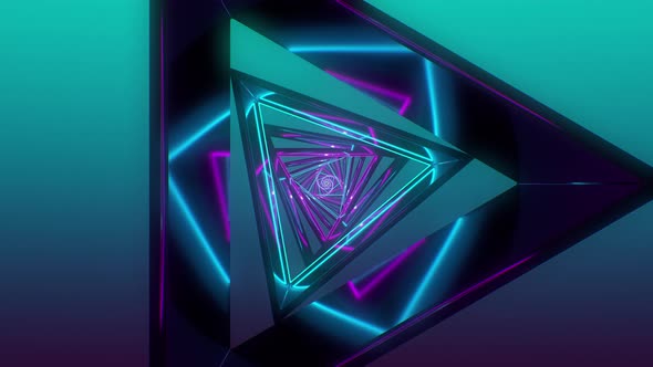 Neon tunnel triangle loop, 3d animation rendering neon colorfully wire