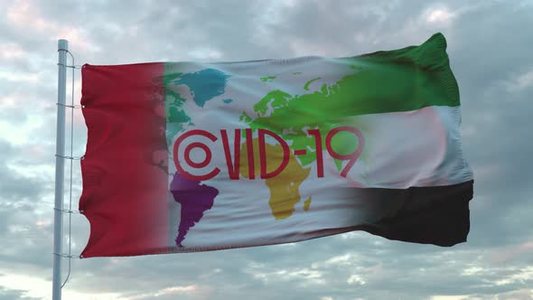 Covid19 Sign on the National Flag of UAE or United Arab Emirates