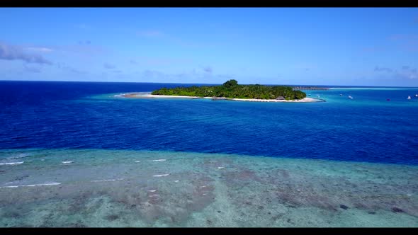 Aerial top down texture of luxury island beach wildlife by blue water with clean sand background of 