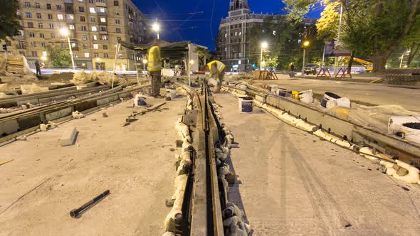 Tram Rails at the Stage of Their Installation and Integration Into Concrete Plates on the Road