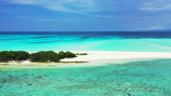 Tropical above abstract view of a summer white paradise sand beach and blue water background in colo