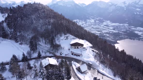 Aerial View of Snow Mountain and Lake Range Landscape in France