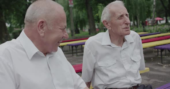 Two Modest Seniors Men Having Fun Conversation Remembering Youth Time