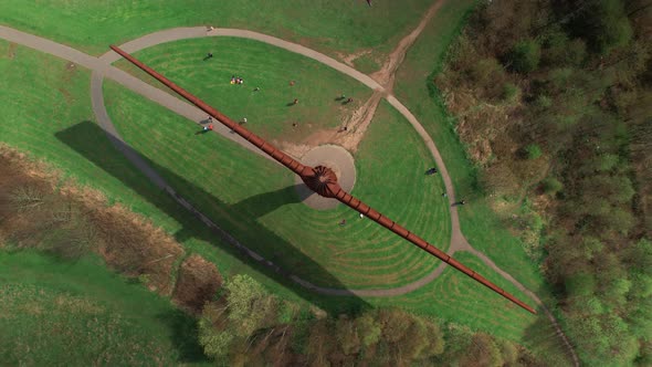 Drone Orbiting Above, Approaching Towards The Famous Angel Of The North Sculpture In Gateshead, UK W