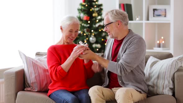 Happy Smiling Senior Couple with Christmas Gift 77