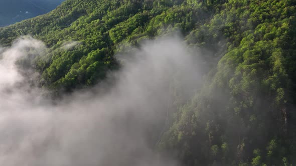 Flight through grey clouds along steep lush Italian alp hillside; drone