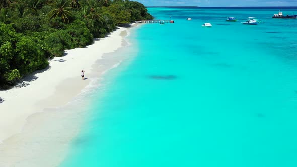 Lady alone loves life on marine resort beach break by aqua blue sea and white sand background of the