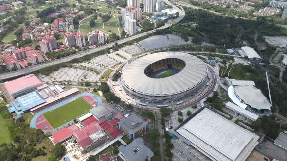 Aerial view of National Stadium, Field and Highway in Malaysia