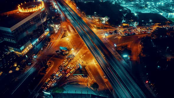 Time Lapse of Busy Highway Road Junction in Metropolis City Center at Night