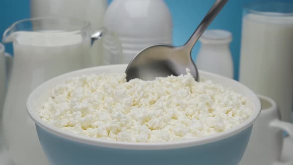 Bowl of cottage cheese, served with various dairy products