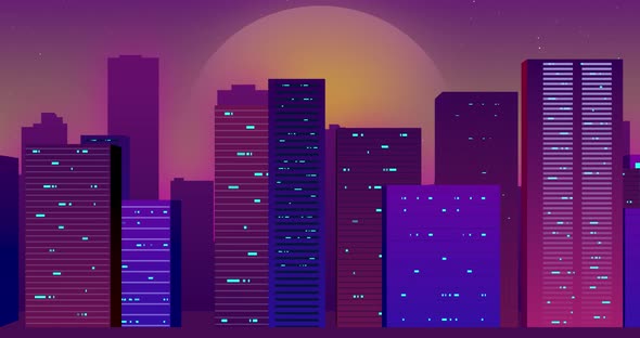 Cityscape retro wave style design. Purple 80s retrowave animation. Cyberpunk