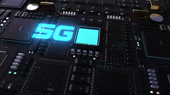 5g header. next generation chip and processor animation. big power technological breakthrough