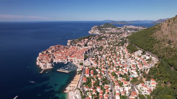 Aerial view of the old town Dubrovnik, blue sea and mountains, Croatia