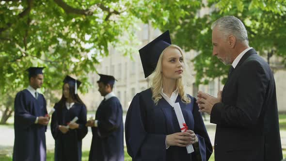 Dean Talking With Beautiful Graduate Female Near Academy, Career and Future