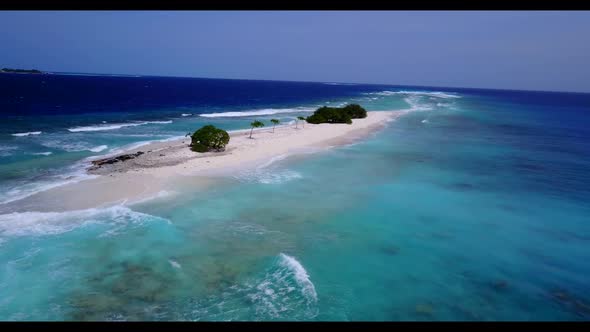 Aerial drone view nature of tranquil tourist beach journey by clear lagoon with white sandy backgrou