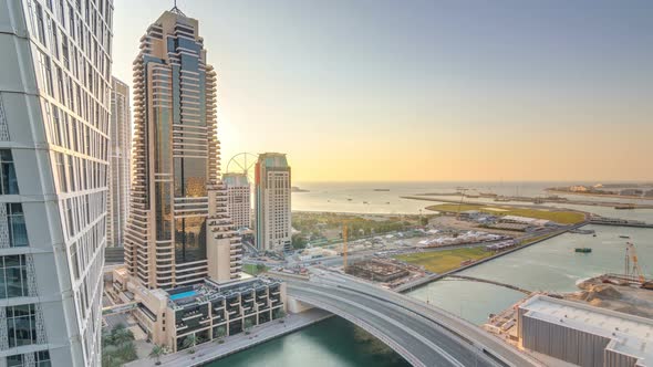 JBR and Dubai Marina During Sunset Aerial Timelapse