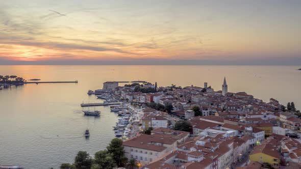 Drone time-lapse video of sunset over Croatian coastal town Porec