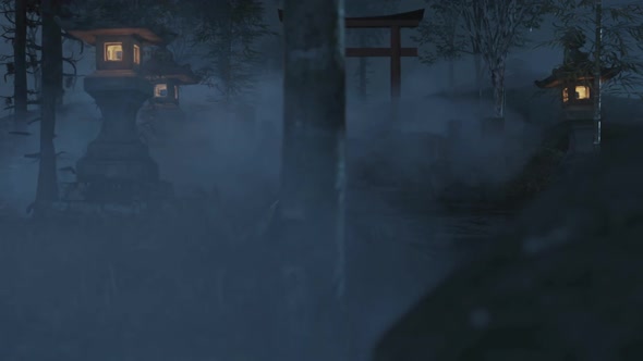 Old Japanese Shrine With Torii Gate And Stone Lantern At Night