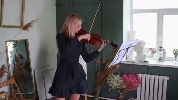 Young Blonde Woman Musician Playing Violin By Notes