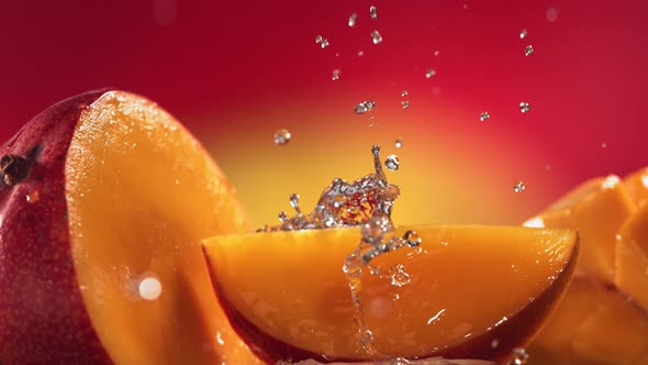 Slow Motion Shot of Mango Juice Splashing Through Mango Slices