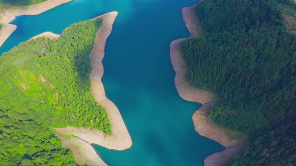 Aerial Top View at Curved Zaovine Lake in Tara Mountain in Serbia