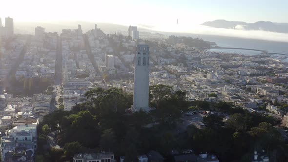 Aerial, San Francisco Coit Tower and cityscape, panning right drone 04.