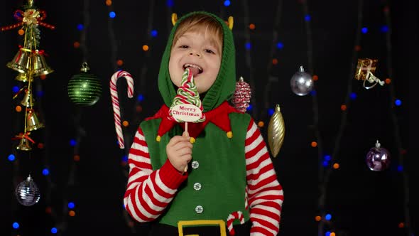 Kid Girl Christmas Elf Santa Claus Helper Costume Licking Candy Lollipop Caramel Sweets