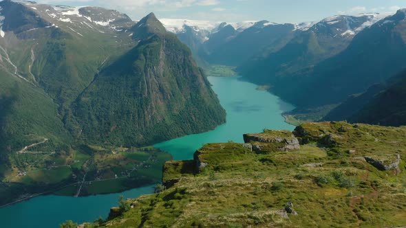 Lake Oldevatnet And Oldevatn Campground In Oldedalen Valley. View From Klovane Peak In Olden, Norway