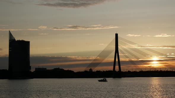 Vansu Bridge during sunset in Riga Latvia