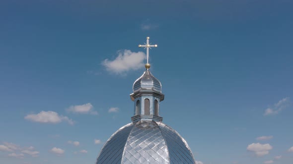 Dome of Church. Aerial View. Traditional Old Church in Ukraine Small Village. Blue Sky Background