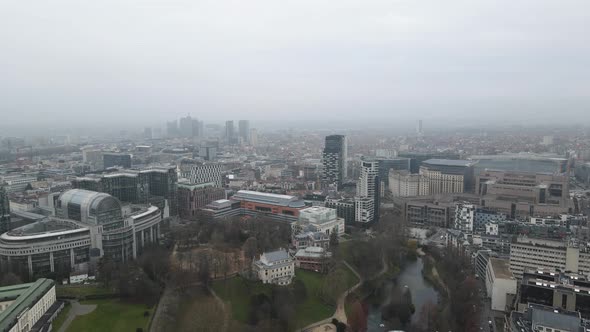 Aerial view of Brussels flying over European Parliament buildings