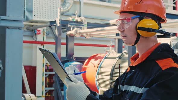 Engineer Technician in Hard Hat Goggles and Earmuffs Recording Data on the Operation of the Engine