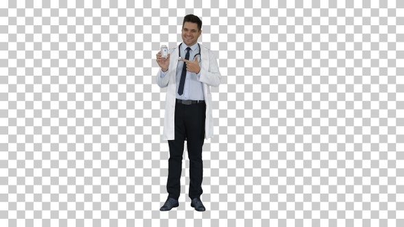 Pharmacist Man Looking Camera Posing and Showing White Bottle